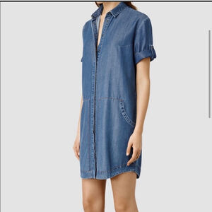 AllSaints Calla Bay Dress US 0 Blue Denim Chambray Short Sleeve Palm Tree